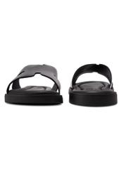 Men's black leather flip-flops BUTYM-0535-99(W26), front and back product view on white background.