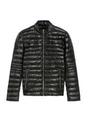 Black men's leather insulated jacket KURMS-0379-3358(Z25), product view from the front on a white background.