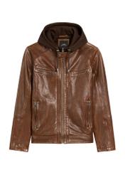 Brown men's leather jacket with hood KURMS-0385-2875(Z25), product view from the front on a white background.