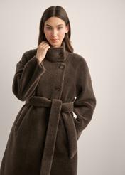 Women's brown wool fur coat FUTDW-0041-1I(Z26), front view of the product on the model. Half of the silhouette visible.