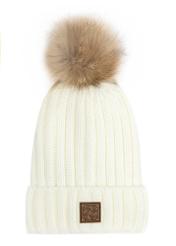 Cream women's hat with pompom CZADT-0066A-12(Z25), front product view on white background.