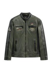 Men's khaki leather jacket KURMS-0399-8D(W26) - front product view, on white background.