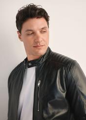Men's leather jacket with stand-up collar KURMS-0191A-5491(KS), side view of the product on the model, half of the silhouette visible.