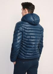 Men's jacket in navy blue KURMT-0380-69(Z25), product visible from the back on the model, half of the silhouette visible.