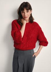Red women's sweater SWEDT-0236-42(Z25), front view of the product on the model. Half of the silhouette visible.