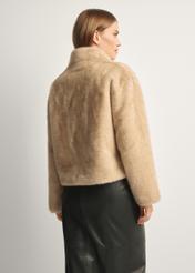 Beige short women's fur coat FUTDP-0071-81(Z25), product view from the back on the model, half of the silhouette visible.