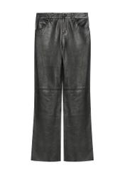 Black wide leg leather trousers for women SPODS-0038-5339(Z25), front view of the product on a white background.
