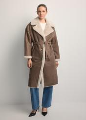 Long classic brown women's sheepskin coat KOZDS-0071-3091(Z25), front view of the product on the model. Full body visible.
