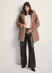 Women's beige fur coat with hood FUTDP-0062-81(Z25), front view of the product on the model. Full body visible.