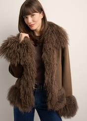 Women's brown wool fur coat FUTDW-0039-1I(Z26), front view of the product on the model. Half of the silhouette visible.