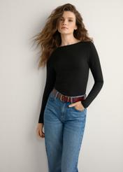 Women's black modal blouse LSLDT-0056-99(W26), front view of the product on the model. Half of the silhouette visible.