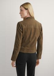 Women's brown leather jacket KURDS-0611-1H(W26), back view of the product on the model. Half of the silhouette visible.