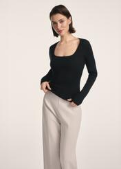 Black women's long sleeve blouse LSLDT-0051-99(Z25), front view of the product on the model. Half of the silhouette visible.
