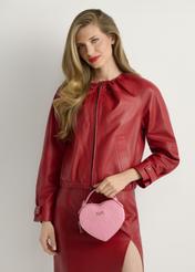 Pink heart-shaped handbag TOREC-1154-5B(W26), front view of the product on a model, half of the silhouette visible.