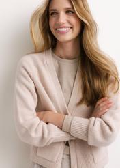 Light beige women's wool-blend cardigan KARDT-0071-1A(Z26), front view of the product on the model. Half of the silhouette visible.
