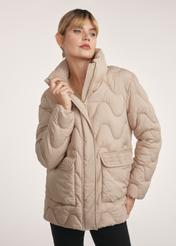Beige women's quilted jacket KURDT-0606-81(Z25), front view of the product on the model. Half of the silhouette visible.