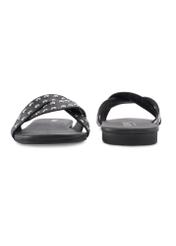 Women's black leather mules with rhinestones BUTYD-1226-99(W26), front and back product view on white background.