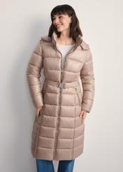 Beige women's long jacket KURDT-0603-82(Z25), front view of the product on the model. Half of the silhouette visible.