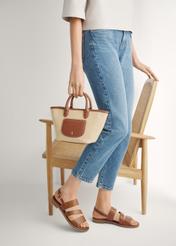 Women's leather sandals in cognac color BUTYD-1152-1F(W26), side view of the product on the model's feet.