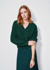 Women's green V-neck sweater SWEDT-0162-54(Z24)-01