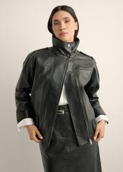 Black oversized leather jacket KURDS-0623-99(Z26), front view of the product on the model. Half of the silhouette visible.