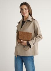 Women's camel suede messenger bag TORES-1304-1D(W26) - view of the product, held by the model, against a light background. Knee-length silhouette visible.