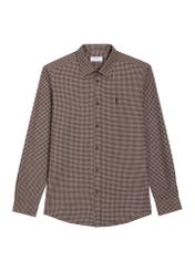 Dark brown men's shirt with small checks KOSMT-0372-1I(Z26), front product view on white background.