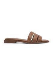 Women's leather camel flip-flops BUTYD-1224-1D(W26), side view of the product on a white background.
