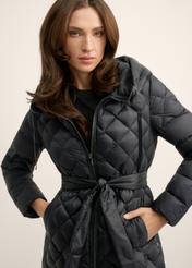 Black women's jacket with natural insulation KURDT-0691-99(Z26), close-up of the product on the model's silhouette.