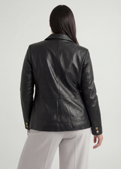 Women's black PLUS SIZE leather jacket KURDS-0645L-99(W26), product view from the back on the model, half of the silhouette visible.