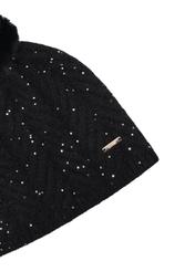 Black women's hat with pompom and sequins CZADT-0220-99(Z26), close-up of the product detail on a white background.