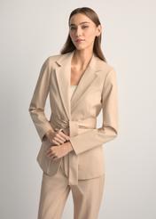 Beige women's belted blazer ZAKDT-0030-1B(W26), front view of the product on the model. Half of the silhouette visible.