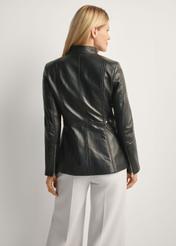 Women's fitted leather jacket KURDS-0424-99(KS), back view of the product on the model. Half of the silhouette visible.