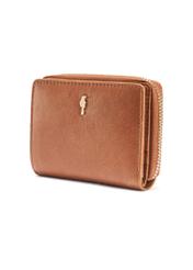 Small women's leather wallet in cognac color PORES-0963-1F(W26), diagonal product view on white background.