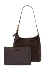 Brown suede women's handbag TORES-1421-1I(Z26), product view with cosmetic bag on white background.