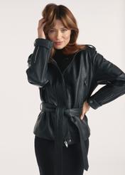 Black women's leather jacket with belt KURDS-0564-0756(Z25), front view of the product on the model, half of the silhouette visible.