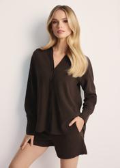 Brown women's long-sleeved shirt KOSDT-0178-12(W25), front view of the product on the model, half of the silhouette visible.