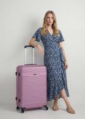 Large suitcase on wheels WALAB-0040-5B-28(W26), product view diagonally next to the model, the entire silhouette is visible.