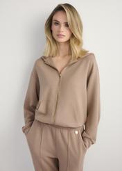 Women's camel zip-up sweatshirt BLZDT-0108 A-1D(W26), front view of the product on the model. Half of the silhouette visible.