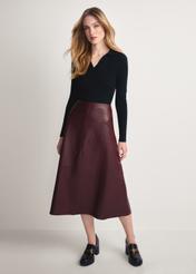 Burgundy leather midi skirt SPCDS-0077-2869(Z25), front product view on model. Full silhouette visible.
