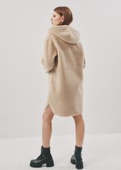 Beige women's fur coat with hood FUTDP-0041-81(Z23)-03