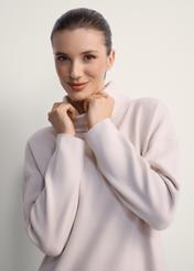 Beige turtleneck dress SUKDT-0206A-80(Z25), front view of the product on the model, close-up of the model's torso.