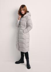 Long light gray women's jacket KURDT-0602-66(Z25), front view of the product on the model. The entire silhouette is visible.
