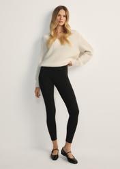 Cream women's V-neck sweater SWEDT-0162-12(Z25), product view from the front on the model, the whole silhouette is visible.