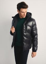 Men's black jacket with natural insulation KURMT-0393-99(Z25) - front view of the product on a model, against a white background. Knee-length silhouette visible.