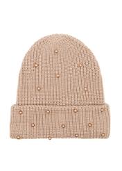 Beige women's hat with pearls CZADT-0202-24(Z25), front product view on white background.