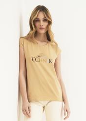 Beige Women's V-neck T-shirt TSHDT-0083-80(W22)-01