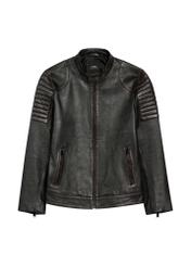Men's black leather jacket KURMS-0394-99(W26), front product view on white background.