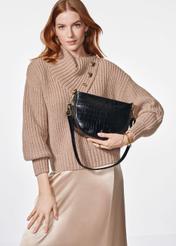 Leather medium women's croco handbag TORES-1022E-99(Z25), product view on the model. Half of the silhouette visible.