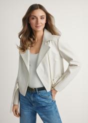 Women's cream leather biker jacket KURDS-0585-0B(W26) - front view of the product, on a model, against a light background. Half of the silhouette visible.